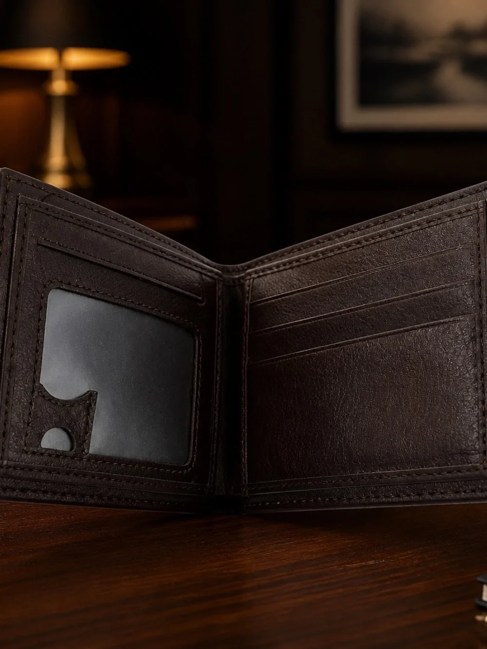 Men's Coffee Color Leather Bifold Wallet with Contrast Stitching